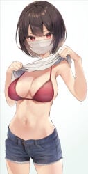 1girl :p bikini black_hair black_shorts breasts clothes_lift cowboy_shot highres jishuku-chan_(masco) large_breasts lifting_own_clothes looking_at_viewer masco mask mouth_mask navel original red_bikini shirt shirt_lift short_hair shorts simple_background solo standing stomach surgical_mask swimsuit thighs tongue tongue_out white_background white_shirt