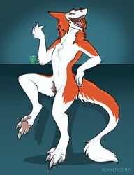 2018 anthro claws clitoral_hood cuntboy drinking fur intersex looking_at_viewer mammal nude open_mouth pawpads paws prehensile_clitoral_hood presenting presenting_pussy pussy royalty_(artist) sergal solo