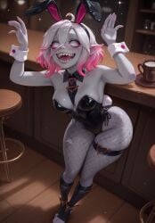 ai_generated dreamheat 1girls solo female riot_games league_of_legends briar_(league_of_legends) multicolored_hair gradient_hair grey_body grey_hair pink_hair fake_animal_ears fake_bunny_ears bunnysuit cafe bar pointy_ears elf_ears pink_sclera no_pupils grey_eyes breasts medium_breasts bunny_tail bunny_ears fishnets thigh_strap open_mouth fangs