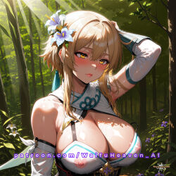 1girls ai_generated amber_eyes areola areolae big_breasts blonde_hair blue_flower blush blushing breasts busty cleavage detached_sleeves eyeliner fingerless_gloves flower flowers_in_hair forest genshin_impact hair_flower highres huge_breasts jungle large_breasts lily_(flower) lips lipstick looking_at_viewer lumine_(genshin_impact) makeup nature nipples nipples_visible_through_clothing outdoors patreon purple_flower see-through see-through_clothes see-through_dress short_hair solo squishing_breasts sunbeam sunlight sunlight_rays sweat tree url waifu_heaven watermark wet wet_clothes wet_dress white_dress white_flower woods