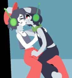 2boys android animated bodily_fluids bottomwear cave_story clothed clothing duo electronics eyes_closed genital_fluids hand_on_back hand_on_neck handjob handjob_through_clothing hat headgear headphones headset headwear humanoid kiss_mark kiss_on_lips kissing leaking_precum looking_at_another machine male male/male male_only on_lap pants penile precum quote_(cave_story) robot robot_boy robot_humanoid saliva saliva_string selfcest sex shirt sitting_on_lap square_crossover tank_top topwear uglycoal yaoi