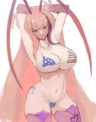 american_flag_bikini antennae_(anatomy) arms_above_head bug_girl cleavage huge_breasts looking_at_viewer matara_kan micro_bikini orange_eyes pink_hair pink_skin slit_pupils smile swimsuit thick_thighs thighhighs thong unusual_skin_color very_long_hair virtual_youtuber vshojo ynonamai