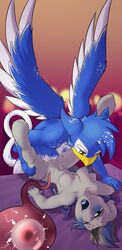 2018 anthro avian bat_pony bat_wings beak bed bite blue_fur blush breasts clyne_snowtail cum cum_in_pussy cum_inside duo equine female fur grey_fur gryphon half-closed_eyes impregnation lying male mammal membranous_wings my_little_pony nightglider nipples on_back open_mouth ovum penetration pubes punk-pegasus sex sperm_cell stomach_bulge straight sweat table_lotus_position vaginal_penetration white_fur wings