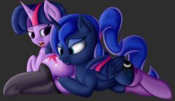 2017 alicorn alternate_hairstyle andelai animal_genitalia animal_pussy anus ass blue_feathers clitoral_winking clitoris clothing cosmic_hair cutie_mark dock drooling duo equine equine_pussy eyebrows eyelashes eyeshadow feathered_wings feathers female feral feral_on_feral finger_fuck fingering fingering_partner friendship_is_magic grey_background grin hair hair_tie half-closed_eyes hooves horn legwear looking_back lying makeup mammal mascara mostly_nude multicolored_hair my_little_pony on_side open_mouth ponytail princess_luna_(mlp) puffy_anus purple_eyes pussy pussy_juice saliva sex simple_background smile socks stockings teal_eyes teeth thigh_highs thighhighs tongue twilight_sparkle_(mlp) twiluna underhoof vaginal_penetration wings yuri