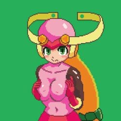 1girls animated bodysuit bouncing_breasts breasts female gif gloves helmet leotard mega_man mega_man_battle_network nipple_bulge pixel_art roll.exe solo
