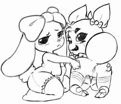 2026 animate_inanimate animated brialzebubbie bunny_girl cinnabun_(dolly's_factory) dolly's_factory gif lapine line_art living_plushie mascot_horror pigtails sp4gh3tt1 spider_girl spinnette_(dolly's_factory) spreading_ass uncolored