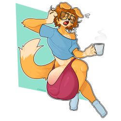 1:1 anthro barely_contained barely_contained_penis beverage big_penis bulge canid canine canis catboyz clothed clothing coffee coffee_cup coffee_mug container cup domestic_dog eyes_closed eyewear femboy footwear fur gabe_(catboyz) genitals glasses hair hi_res huge_penis hyper hyper_genitalia hyper_penis male mammal open_mouth penis shirt simple_background socks solo t-shirt tail tired topwear underwear yawn yellow_body yellow_fur