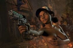 1girls ai-created ai_assisted ai_generated areolae baseball_cap breasts breasts_out brown_eyes brown_hair clementine_(the_walking_dead) dark-skinned_female dark_skin edit edited erect_nipples female female_focus female_only gun hat headwear headwear_only holding_breast holding_object holding_own_breast holding_weapon medium_breasts medium_hair nipples official_art official_artwork_edit the_walking_dead the_walking_dead:_a_new_frontier the_walking_dead_game topless