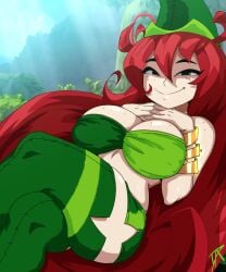 1girls betilla_(rayman) breasts fairy female female_only freckles freckles_on_face green_skirt green_thighhighs hat headwear legwear long_hair rayman_(series) red_hair skirt solo solo_female thick_thighs thighhighs thighs smile dalley_le_alpha freckles_on_shoulders black_eyes freckles_on_breasts cleavage big_breasts legs_crossed