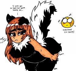 1boy 1girls 2d 2d_(artwork) anthro anthro_female apologetic apologizing apology ass ass_bigger_than_head bending bending_down bending_over big_ass big_hips big_thighs bigger_female black_and_white_fur blush blushing blushing_male boobs boobs_and_butt_pose breast_focus breasts breasts_bigger_than_head chubby chubby_ass chubby_belly chubby_female dialogue drooping_ears elminage elminage_gothic emoji female female_focus frown frowning furry furry_female ginger ginger_female ginger_hair hand_drawn hips hips_wider_than_shoulders imminent_fart inky_sketchy kemonomimi larger_female light-skinned_female light_skin long_hair naked naked_female no_bra no_panties orange_hair red_eyes sad sad_face scared scared_expression scared_eyes scared_female shorter_male shy shy_female skunk skunk_ears skunk_girl skunk_girl_(elminage_gothic) skunk_stripe skunk_tail smaller_male sorry spiky_fur spread_ass spreading spreading_ass squeeze squeezing squeezing_ass squeezing_butt squeezing_own_ass sweat sweatdrop sweating sweaty text thick thick_ass thick_hips thick_thighs thighs thighs_bigger_than_head timid tuft tufted_fur twitter twitter_link warning white_background yellow_face