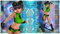 1girls 3d arms_up artist_name bare_shoulders becarra big_breasts black_eyes black_hair boots busty cleavage curvy detailed_background double_bun english_text erect_nipple erect_nipples eyelashes female female_only fingerless_gloves front_view green_gloves gun hairbun holding_object hourglass_figure human looking_at_viewer midriff nipple_bulge open_mouth pose posing sae_noguchi shadow shiny shiny_skin short short_hair short_shorts solo standing tattoo text tied_hair visor weapon wide_hips