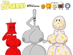 akatieowo battle_for_bfdi battle_for_dream_island bfb bfdi big_breasts cake_(bfdi) clock_(bfdi) coiny_(bfdi) eggy_(bfdi) english_text firey_(bfdi) jacknjellify jnj loser_(bfdi) needle_(bfdi) nipples object_show object_show_community object_shows osc pin_(bfdi) pussy the_losers!_(bfdi) wide_hips