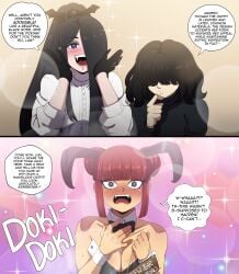 1girls 2boys big_breasts black_hair blackwhiplash blushing_profusely bunny_ears bunnysuit cameltoe chef_mu crossdressing double_bun female femboy food hair_over_eyes hair_over_one_eye long_hair lun_blanc mitch_cruorem original red_hair thick_thighs vampire wholesome