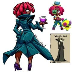 brawl_stars juju_(brawl_stars) watermark white_background black_skin black_body red_hair black_eyebrows black_eyes raincoat reference_image fat_ass heels wine 1girls 1girl female_only drawingsweirdo