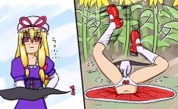 bellmia beret blonde_hair commentary_request dress elbow_gloves gloves hat highres inugami-ke_no_ichizoku_pose kazami_yuuka mary_janes panties purple_dress red_eyes red_shoes red_skirt shoes skirt stuck through_ground tickling touhou underwear yakumo_yukari