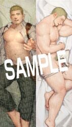 1boy absurdres bara bare_pectorals barefoot beard bed_sheet blonde_hair bulge chinstrap_beard come_hither commentary_request dakimakura_(medium) erection erection_under_clothes facial_hair feet_out_of_frame frederick_(norn's_dine) from_above from_side green_eyes highres itto_(mentaiko) large_pectorals looking_at_viewer lying male_focus male_underwear male_underwear_pull mature_male merchandise_available multiple_views muscular muscular_male navel nipples no_shoes norn's_dine on_back outstretched_hand pectorals reaching reaching_towards_viewer sample_watermark second-party_source shirt thick_eyebrows topless_male tsurime underwear watermark wet wet_clothes wet_male_underwear white_shirt