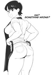 1girls ass big_ass breasts jeans komi-san_wa_komyushou_desu komi_shuuko large_breasts looking_at_viewer looking_back milf mom_jeans monochrome open_eyes pomki short_hair solo text thick_thighs