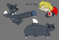 accessory aliasing all_fours animate_inanimate animated anthro anus backsack balls big_and_will_be_bad_wolf big_balls big_butt big_penis blonde_hair bloodfiend blue_body bodily_fluids bubble_butt butt button_(fastener) button_eyes canid canine canis clothed clothed_female clothing dialogue digital_media_(artwork) dipstick_tail don_quixote_(limbus_company) duo english_text eyebrows female genital_fluids genitals glans glistening grey_background hair huge_butt huge_penis humanoid hyper hyper_genitalia hyper_penis limbus_company living_plushie looking_at_another looking_back loop male mammal markings multicolored_body necktie nxyitn open_mouth penis pixel_(artwork) pixel_animation plushie precum project_moon sancho_(limbus_company) scrotum_flap seamless_loop simple_background smile snout tail tail_markings talking_to_another text twerking vein veiny_penis white_sclera white_tail_tip wolf x_anus