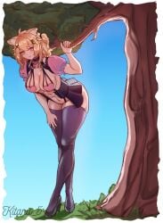 thighhighs animal_ears 1girl breasts rating:safe solo tree large_breasts short_sleeves full_body high_heels black_footwear navel cleavage standing looking_at_viewer blonde_hair skirt thighs squchan_(vtuber) vyugen