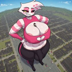 ai_generated angel_dust_(hazbin_hotel) anthropomorphic between_breasts black_lipstick black_nose black_pants black_sclera bulge_through_clothing city_destruction genderbend giantess golden_tooth hands_on_hips hazbin_hotel nipples perchance_ai pink_eyes pink_jacket pink_stripes plump_lips shrunken_male spider_humanoid white_fur white_teeth yellow_sclera