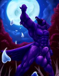 2018 5_fingers abs animal_genitalia animal_penis anthro avian balls biceps bird black_fur black_skin cloud corvid full_moon fully_sheathed fur hungothenomster low-angle_view male male_only moon muscular muscular_male muscular_thighs night nipples nude orange_eyes penis petals pose purple_fur purple_skin raven_(bird) sheath sky solo star tree