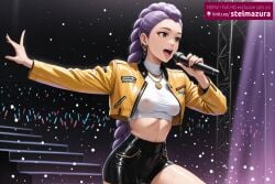 ai_generated ai_assisted stelmazura rumi rumi_(kpop_demon_hunters) kpop_demon_hunters netflix 1girl solo long_hair breasts open_mouth shirt long_sleeves holding brown_eyes jewelry medium_breasts nipples jacket purple_hair braid cowboy_shot sweat earrings open_clothes shorts midriff shiny necklace covered_nipples open_jacket crop_top see-through single_braid cameltoe turtleneck black_shorts outstretched_arm microphone cropped_jacket shiny_clothes braided_ponytail music yellow_jacket holding_microphone singing hair_slicked_back hair_pulled_back long_braid stage spotlight stage_lights concert