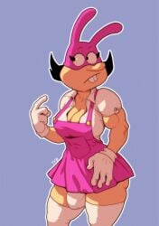 boobs bulge futanari landtf8 muscular noisette noisette_(pizza_tower) pink_dress pizza_tower shirt solo solo_dickgirl stockings surprised_expression