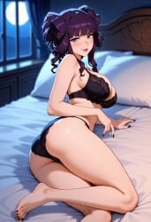 1girls ai_generated bed bedroom black_bra black_panties blue_eyes blush bra breasts castlevania castlevania:_portrait_of_ruin double_bun drill_hair female female_only huge_breasts large_breasts lingerie lying lying_on_bed on_bed pale-skinned_female pale_skin panties purple_hair seductive seductive_look seductive_smile smile smile_at_viewer stella_lecarde thighs tied_hair voluptuous voluptuous_female on_back ass looking_back looking_back_at_viewer