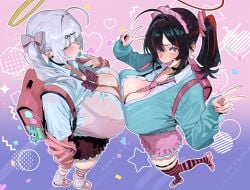 2girls abstract_background absurd_res accessories accessory ahoge alternate_costume angels_of_delusion aria_(zenless_zone_zero)_(cosplay) backpack bangs big_breasts black_hair blue_fingernails blue_lollipop blue_nails blue_topwear boob_window bowtie bra bra_visible_through_clothes breast_docking breast_press breasts breasts_to_breasts breasts_visible_through_clothing bulging_breasts button_down_shirt button_gap choker clothes_between_breasts colored_nails cosplay cyan_nails double_v embarrassed embarrassed_female exposed_bra female female_only footwear frilled_hairband frilled_shorts frilled_skirt frilled_underwear gradient_background green_nails hairband halo highres hintobento hoyoverse huge_breasts large_breasts leg_warmers legwear light-skinned_female light_skin lollipop long_hair long_nails long_sleeves maroon_clothing mole_(marking) mole_on_breast multiple_girls necktie necktie_between_breasts older_female painted_nails pale-skinned_female pale_skin pink_background pink_backpack pink_bowtie pink_clothing pink_fingernails pink_footwear pink_hairband pink_legwear pink_nails pink_necktie pink_ribbon pink_ribbon_in_hair pink_shoes purple_background red_bra red_hair red_highlights see-through_clothes shirt side_ponytail silver_hair skindentation sleeves_past_wrists socks striped_legwear striped_thighhighs sunna_(zenless_zone_zero)_(cosplay) thigh_strap thighhighs tied_hair too_old_for_this transparent_clothing transparent_shirt undergarment v_sign visible_bra wet_shirt white_hair white_shirt white_topwear yellow_halo yixuan_(zenless_zone_zero) zenless_zone_zero zhu_yuan