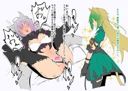 2girls ahe_gao ahoge animal_ears atalanta_(alter)_(fate) atalanta_(fate) bar_censor black_gloves black_legwear blonde_hair blush braid cat_ears cat_tail censored closed_mouth commentary_request dark_persona dress dual_persona fate/grand_order fate_(series) gloves gradient_hair green_dress green_eyes green_hair highres jikatarou long_hair multicolored_hair multiple_girls navel open_mouth pleated_dress pubic_tattoo puffy_short_sleeves puffy_sleeves purple_hair short_sleeves spread_legs tail tattoo thighhighs translation_request vaginal_penetration