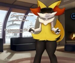 1boy 2026 4_fingers :3 anthro before_transformation bimbo bimbofication bimbofied biped black_body black_fur braixen canid canine canis detailed_background dialogue ears english english_text fingers fireplace fox fox_boy fur furry gender_transformation genderswap genderswap_(mtf) generation_6_pokemon indoors inside male mtf_transformation multicolored_body multicolored_fur nintendo ozoneserpent pokemon pokemon_(species) red_fur room rule_63 shadow smile smiling snow solo standing tail teeth text transformation vr vr_controller vr_headset white_body white_fur window yellow_body yellow_fur yellow_tail