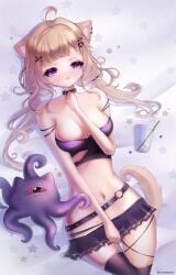 star_(symbol) 1girl breasts purple_eyes animal_ears skirt thighhighs long_hair navel black_skirt bare_shoulders ahoge choker strap_slip hair_ornament tail looking_at_viewer blonde_hair garter_straps cleavage crop_top collarbone miniskirt black_choker solo rating:safe pleated_skirt star_hair_ornament midriff bare_arms smile closed_mouth bangs cat_ears zettai_ryouiki eyebrows_visible_through_hair large_breasts squchan_(vtuber) vyugen