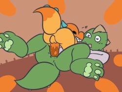 anal anal_penetration animal_genitalia animal_penis animated anthro blumb dinosaur duo exclamation_point feral genitals heart_eyes heart_symbol kyoryu_(blumb) larger_penetrated machine male male/male penetration penis prehistoric_species reptile robot scalie size_difference utau