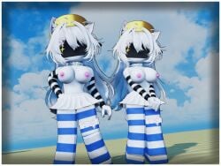 2girls 3d 3d_(artwork) 4:3 absurd_res absurdres areola areolae beach breasts breasts_out cat_ears censor_bar censored clasped_hands collar exhibitionism female female_focus female_only hand_on_hip hand_on_own_hip hands_together highres imskip_(artist) long_hair looking_at_viewer mature_female medium_boobs miniskirt nipples no_ai no_sex original original_character original_characters outdoor_nudity outdoors pink_nipples pleated_skirt pot public_topless roblox robloxian short_skirt skirt skirt_only sleeves star stockings striped_legwear stripes thighhighs topless topless_female white_hair white_skirt zettai_ryouiki