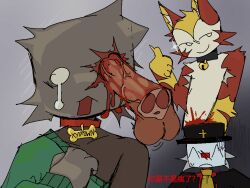 2d 2d_(artwork) 4:3 balls blood cap cat_ears cock collar dick eye_fucking eye_penetration furry gore gray_skin japanese_text original original_character priest self_upload shocked smug tagme tears text white_fur white_skin yawned_beef