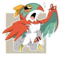 1boy 2015 3_fingers ahe_gao arm_up avian black_sclera blush brown_background censor_bar censored claws cum doneru erection feet from_behind hawlucha holding interspecies looking_up nintendo open_mouth penis pokémon_(species) pokemon pokemon_xy solo thigh_sex tongue torso_grab trembling video_games white_border wings yellow_eyes