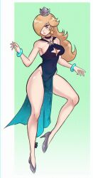 1girl 1girls blonde blonde-haired_female blonde_female blonde_hair blonde_hair_female blue_clothing blue_dress boobs breasts crown dark_blue_clothing dress female female_only female_solo girl heels high_slit_dress jewelry maki_hyt mario_(series) no_bra no_panties pale-skinned_female pale_skin princess princess_rosalina silver_crown silver_heels star_earrings starry_night_dress_(sarukaiwolf) super_mario_galaxy white_skin woman
