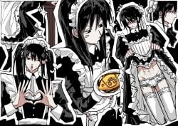 alternate_costume androgynous black_hair blush crossdressing dress dress_lift embarrassed femboy gintama hungrymaga katsura_kotarou lace lace-trimmed_panties lace-trimmed_thighhighs lace_trim long-haired_male long_hair looking_at_viewer maid maid_headdress maid_uniform male male_only monochrome multiple_images multiple_scenes panties shy stockings thighhighs twink twintails white_legwear white_panties white_thighhighs wink