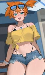 kasumi_(pokemon) pokemon ai_generated misty_(pokemon) asymmetrical_hair bare_shoulders bead_bracelet bikini bikini_under_clothes black_bikini black_swimsuit blue_shorts bracelet clothing cropped_shirt crop_top cutoffs denim denim_shorts earrings eyewear eyewear_on_head highleg highleg_bikini highleg_swimsuit jewelry micro_shorts necklace off_shoulder off-shoulder_shirt open_clothes open_fly open_shorts piercing ponytail shirt shorts short_shorts short_sleeves side_ponytail string_bikini stud_earrings sunglasses swimsuit swimsuit_under_clothes tied_hair tied_shirt yellow_shirt zipper aqua_eyes blue_eyes blush breasts busty clavicle female green_eyes large_breasts medium_breasts midriff navel orange_hair short_hair stomach teeth thighs upper_teeth upper_teeth_only arm_support open_mouth open-mouth_smile smile unzipped looking_at_viewer 1girl indoors outdoors solo