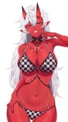 checkered 1girl breasts checkered_background solo red_skin long_hair pointy_ears navel_piercing checkered_floor horns piercing navel cleavage o-ring hair_between_eyes looking_at_viewer white_hair argyle smile swimsuit bikini white_background parted_lips simple_background nail_polish jewelry fingernails eyebrows_visible_through_hair choker rating:questionable rating:safe large_breasts cowboy_shot bare_shoulders huge_breasts akumi vyugen