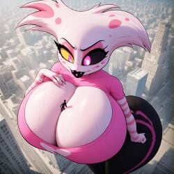 ai_generated angel_dust_(hazbin_hotel) anonymous_male anthropomorphic between_breasts black_lipstick black_nose black_pants black_sclera city_destruction genderbend giantess hand_on_chest hands_on_hips hazbin_hotel nipples perchance_ai pink_eyes pink_jacket pink_stripes plump_lips pussy rule_63 shrunken_male spider_humanoid white_fur yellow_sclera