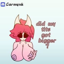 big_breasts big_nipples black_eyes boobs boobs_bigger_than_head carmi2780 carmi_calamar discord_logo grabbing_breasts grabbing_own_breast horns huge_breasts looking_at_breasts lysaria_(carmi2780) naked oc original original_character original_characters pink_hair question question_mark questioning simple_background simple_shading tagme tits white_skin