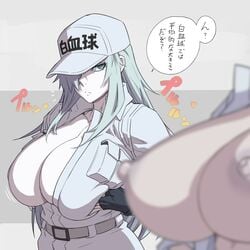 2girls baseball_cap belt black_gloves blurry blurry_foreground breasts cabbie_hat collared_shirt colored_skin female fingerless_gloves gloves grey_belt hair_over_one_eye hat hataraku_saibou hi_res huge_breasts long_hair looking_down mikoyan multiple_girls nipples open_clothes open_shirt pale-skinned_female pale_skin shirt translation_request u-1196 white_background white_blood_cell_(hataraku_saibou) white_hair white_skin white_uniform