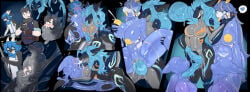 2_penises antenna_wire anthro bite black_body black_fur blue_body blue_eyes blue_fur blue_hair blue_penis bodily_fluids breasts cum cum_drip cum_in_mouth cum_in_vagina cum_inside cum_on_breasts cum_on_face cum_on_penis dripping ejaculation fur genital_fluids genitals goo_transformation grey_body hair heart_symbol herm hi_res horn human humanoid intersex kissing lactating lactating_during_sex latex lifting male mammal multi_genitalia multi_penis mxl nipples orange_body penis purple_body shoulder_bite smile speech_bubble teeth_showing transformation white_body white_fur yellow_eyes yellow_nipples