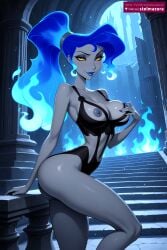 ai_generated ai_assisted stelmazura disney megara disney_princess megara_(disney) 1girl solo long_hair breasts looking_at_viewer blush smile large_breasts bare_shoulders medium_breasts nipples blue_hair collarbone yellow_eyes ponytail ass thighs indoors leotard makeup colored_skin fire lipstick stairs blue_skin grey_skin seductive_smile purple_lips blue_fire column fiery_hair