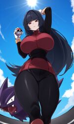 sabrina_(pokemon) ai_generated haunter pokemon huge_breasts large_breasts thick_thighs 1girl clothing female poke_ball pokemon_(creature) red_eyes breasts long_hair holding_poke_ball black_hair gloves poke_ball_(basic) blunt_bangs turtleneck_jacket from_below white_gloves holding sky pantyhose looking_at_viewer thighs cloud pencil_skirt sun arm_up blue_sky closed_mouth curvy looking_down wide_hips day sunlight hime_cut side_slit skirt solo outdoors turtleneck bright_pupils very_long_hair red_skirt alternate_breast_size long_sleeves