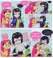 1boy 2girls 5koma ass ass_focus baecohn beast_boy big_ass big_breasts big_butt big_penis black_hair bodysuit breasts cape cartoon_network catch caught cloak clothing comic cum dc dc_comics discovered female footwear garfield_logan green_body green_hair green_skin grey_skin human indoors jewel_on_forehead light_skin long_hair male on_knees open_eyes oral page_4 pale_skin penis penis_in_mouth pink_hair precum rachel_roth raven_(dc) raven_(teen_titans_go!) raven_(teen_titans_go) short_hair slorp sneaky sneaky_pervert_woman starfire surprised surprised_expression surprised_face surprised_look teen_titans teen_titans_go wants_cum wants_to_fuck wants_to_play
