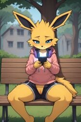 ai_generated female anthro pokemon pokemon_(species) jolteon young sitting park yellow_body blue_eyes spread_legs headphones phone shorts hoodie pussy exposed_pussy no_panties unbuttoned unzipped