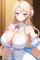 1female 1girl 1girls 2026 ai_generated artist_name bangs bare_shoulders big_ass big_breasts blonde_hair blush bow braid breasts cleavage closed_mouth curvy detached_collar dress earrings hair_bow hair_bun hair_ribbon hi_res high_quality high_resolution highres huge_ass huge_breasts jewelry large_breasts long_hair looking_at_viewer neck_ribbon patreon patreon_username pink_bow pink_ribbon red_eyes ribbon side_braid single_braid single_hair_bun sleeveless sleeveless_dress smile solo sweat unjobdespiert upper_body very_long_hair vtuber watermark white_dress
