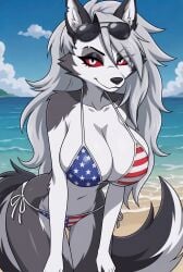 1female 1girls ai_generated american_flag_bikini anthro beach beautiful big_breasts bikini breasts canid canine canis demon demon_girl ear_piercing ears female furry furry_only goth goth_girl grey_body grey_fur grey_hair hellhound helluva_boss high_resolution highres hires long_hair looking_at_viewer loona_(helluva_boss) multicolored_fur mythological_canine mythological_creature mythology ocean outdoors outside red_sclera sand sea sexy silver_hair smile smiling smiling_at_viewer sunglasses sunglasses_on_head swimsuit swimwear tagme tail two-piece_swimsuit two-tone_body two-tone_fur two-tone_tail vivienne_medrano vivziepop water white_body white_eyes white_fur wolf wolf_girl wolf_humanoid wolf_tail